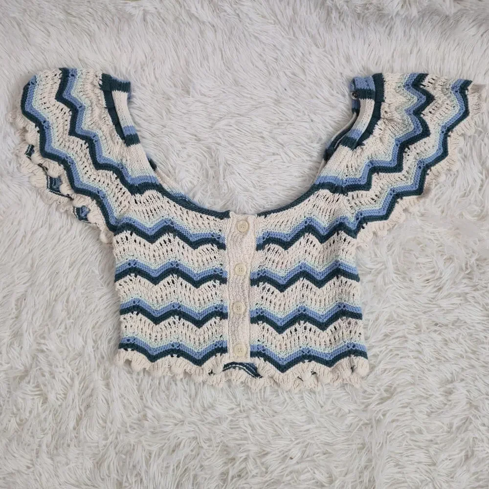 Zara‎ Boho Blue And Cream Striped Crochet Knit Button Up Crop Top